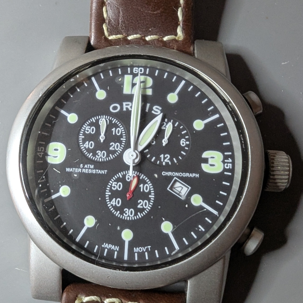 Orvis Men's Chronograph Watch - Black dial and Brown leather band